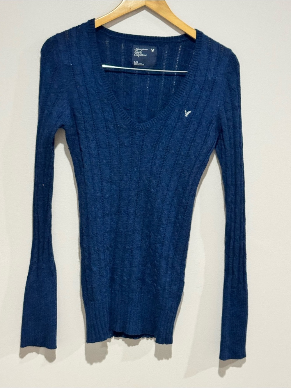 American Eagle Sweater Women L Blue Y2K Slim Fit Cable Knit V-Neck Vtg Preppy